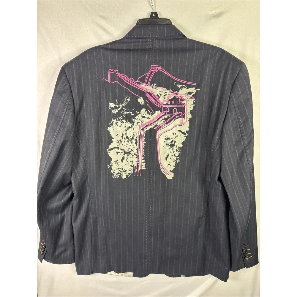American Chang XL Pinstripe Wool Blazer Great Wall Graphic Pink Stitch Lining - Picture 5 of 7